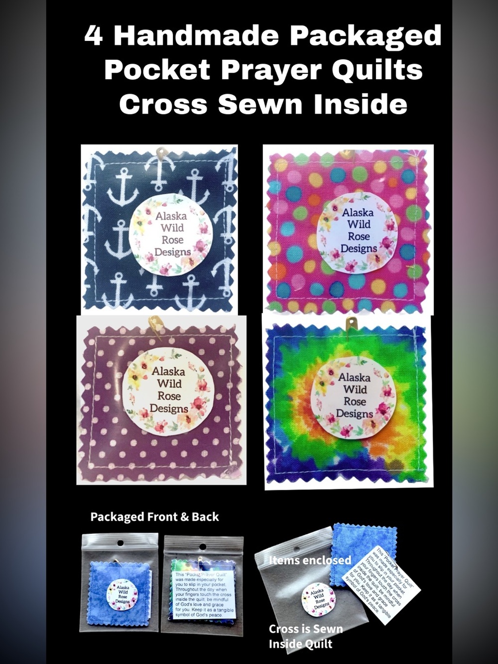 4 Handmade Pocket Prayer Quilts Lot Christian Cross sewn inside.